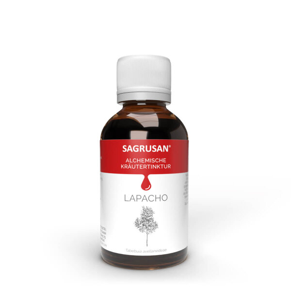 Lapacho Tinktur 50 ml in einer Braunglasflasche von Sagrusan. Das Glas ist mit einem weißen Schraubverschluss und einem Etikett mit Hinweisen zur Rinde versehen.
