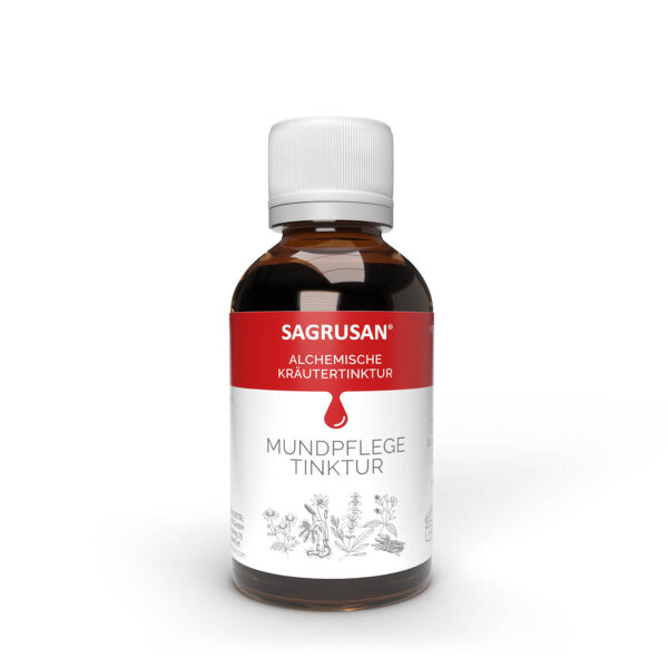 Gurgel Tinktur 50 ml in einer Flasche aus braunem Glas von Sagrusan. Auf dem Beh&auml;ltnis klebt ein Etikett mit Informationen zur Anwendung.