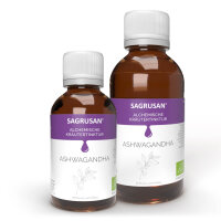 Ashwagandha Tropfen 50 ml von Sagrusan in einer Flasche aus dunklem Glas. Auf dem Beh&auml;ltnis klebt ein Etikett, das die Bio-Qualit&auml;t und Inhaltsstoffe ausweist.