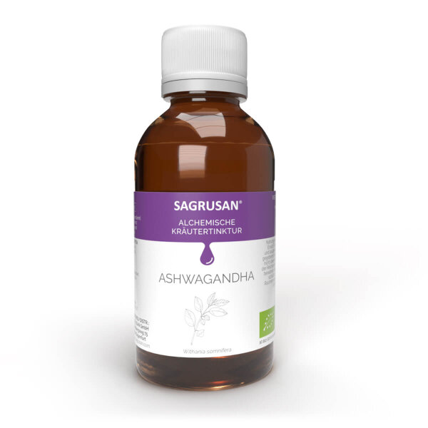 Ashwagandha Tropfen 50 ml von Sagrusan in einer Flasche aus dunklem Glas. Auf dem Behältnis klebt ein Etikett, das die Bio-Qualität und Inhaltsstoffe ausweist.